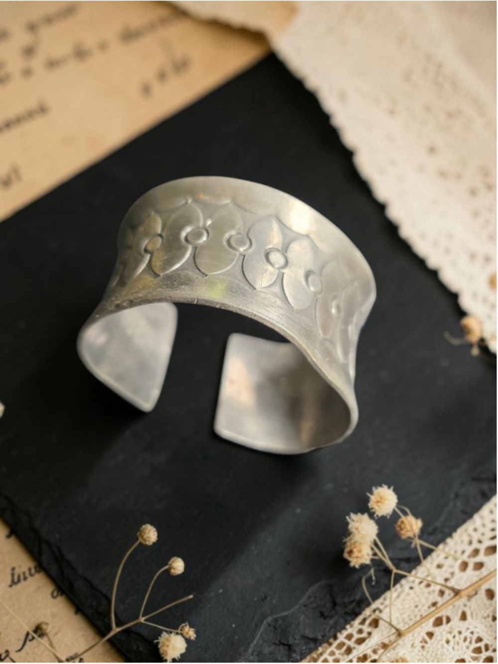 Vintage Jyde-Kunst Real Pewter Floral Cuff Bracelet Handmade Denmark Signed